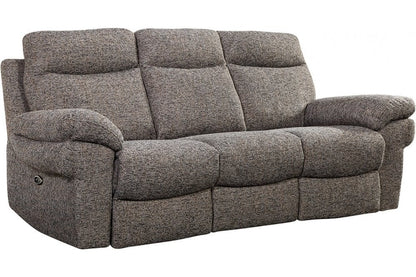 Brown fabric electric recliner 3-seater sofa with padded armrests and plush cushions, displayed on a white background for product showcase and feature highlight.