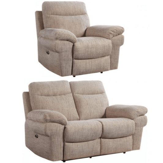 Beige recliner chair and loveseat set on a white background
