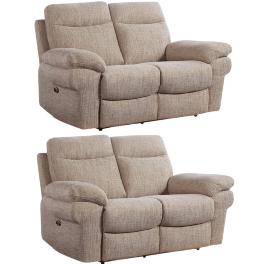 Two beige recliner sofas on a white background