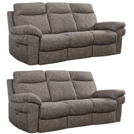 Two gray reclining sofas on a white background