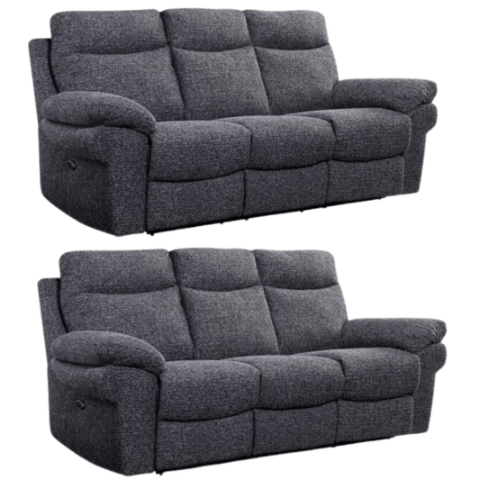 Two gray reclining sofas on a white background