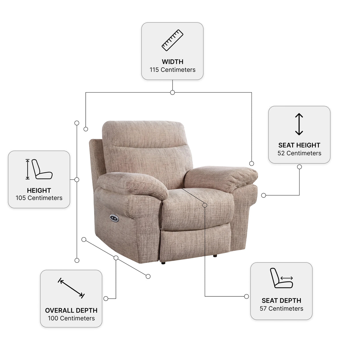 Tanya Beige Fabric Electric Recliner Armchair — Dimension diagram