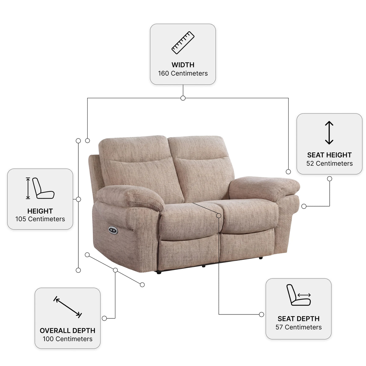 Tanya Beige Fabric Electric Recliner 2 Seater Sofa — Dimension diagram
