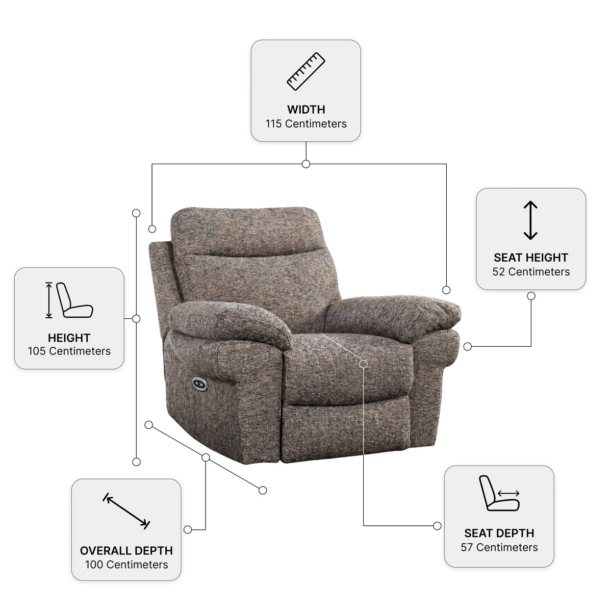 Tanya Brown Fabric Electric Recliner Armchair — Dimension diagram