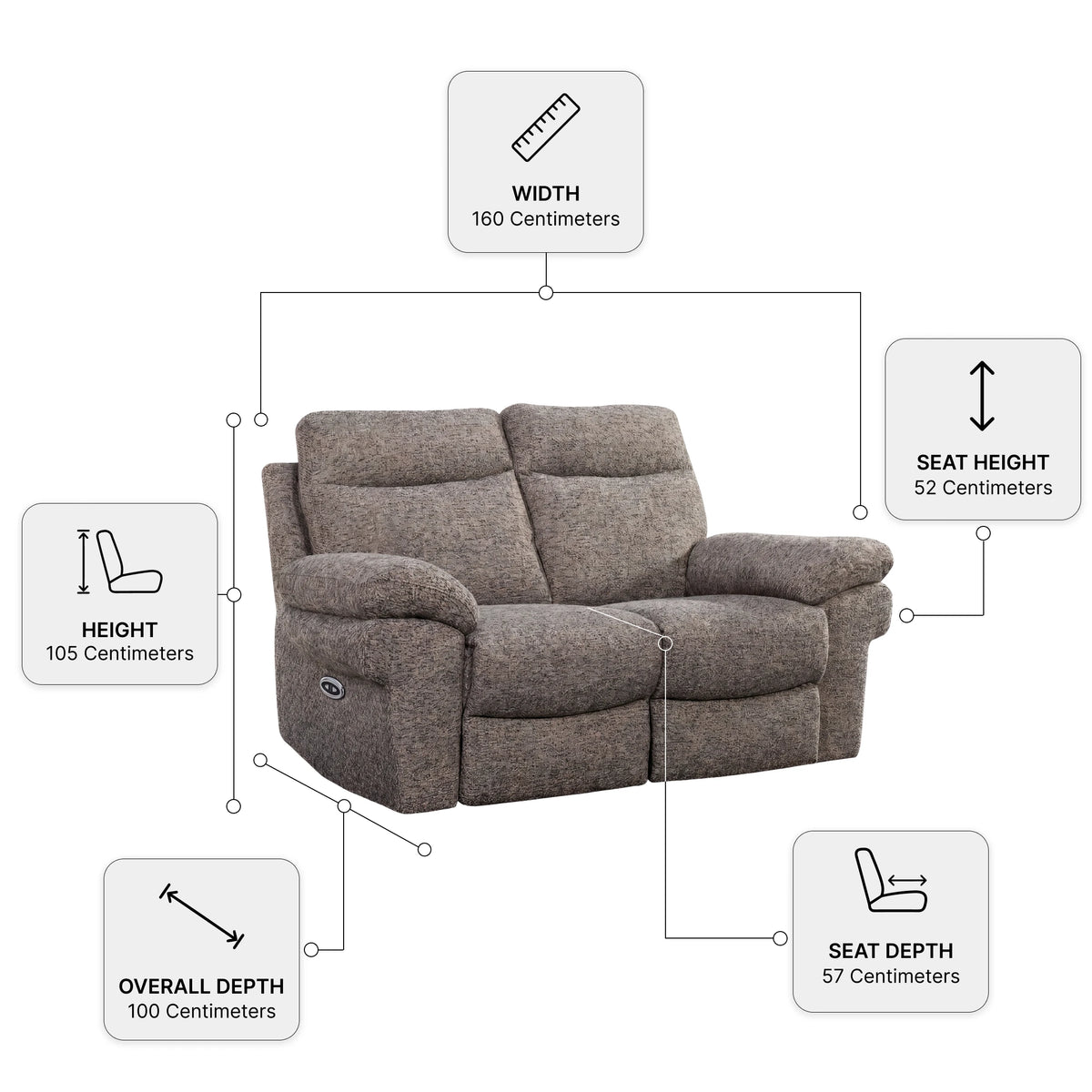 Tanya Brown Fabric Electric Recliner 2 Seater Sofa — Dimension diagram