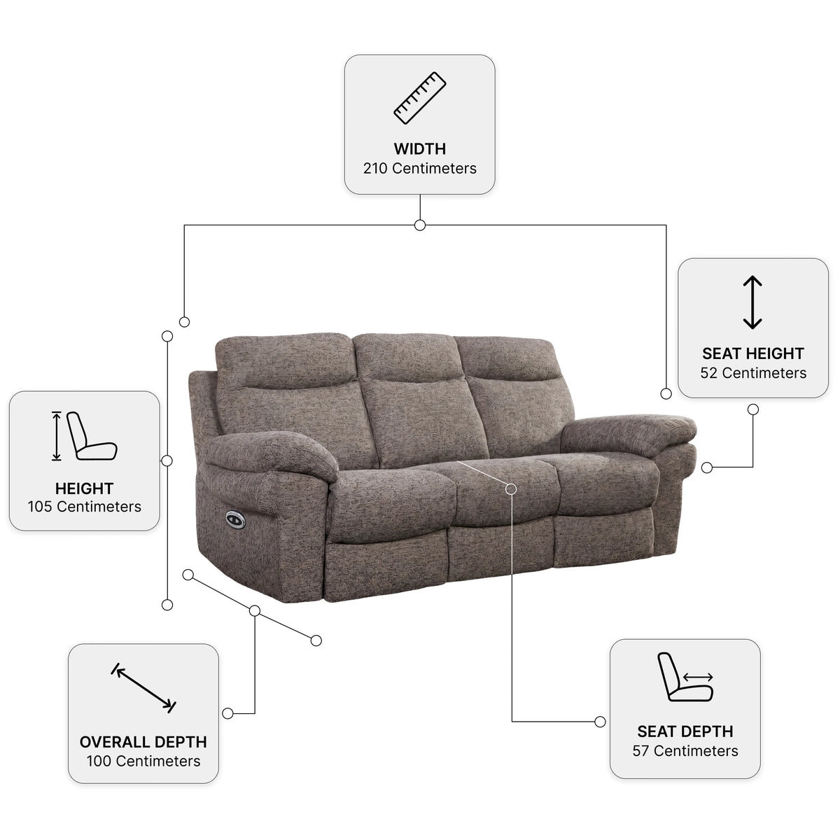 Tanya Brown Fabric Electric Recliner 3 Seater Sofa — Dimension diagram
