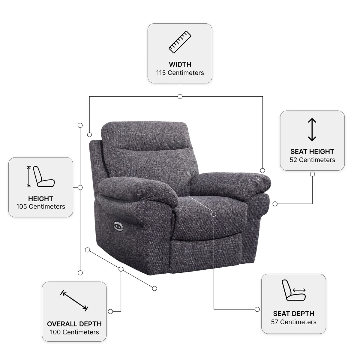 Tanya Grey Fabric Electric Recliner Armchair — Dimension diagram