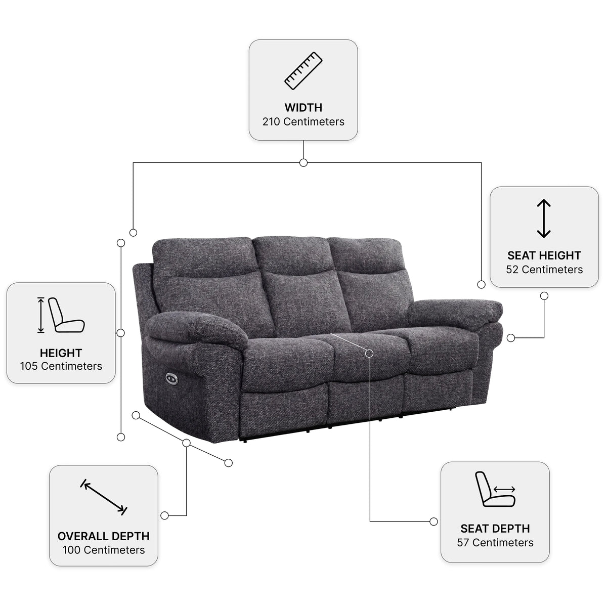 Tanya Grey Fabric Electric Recliner 3 Seater Sofa — Dimension diagram