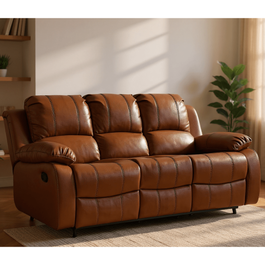 Brown leather sofa in a living room setting with plants and shelves.