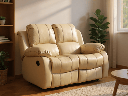 Cream leather recliner 2 seater sofa in modern living room – stylish and comfortable two seater leather reclining sofa for contemporary home interiors