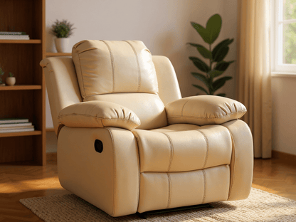Cream leather manual recliner armchair in modern living room – single seater cream leather recliner chair for stylish and comfortable home seating