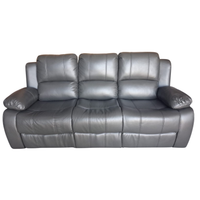 A three-seat gray leather reclining sofa with padded armrests and segmented back cushions, shown against a plain white background.