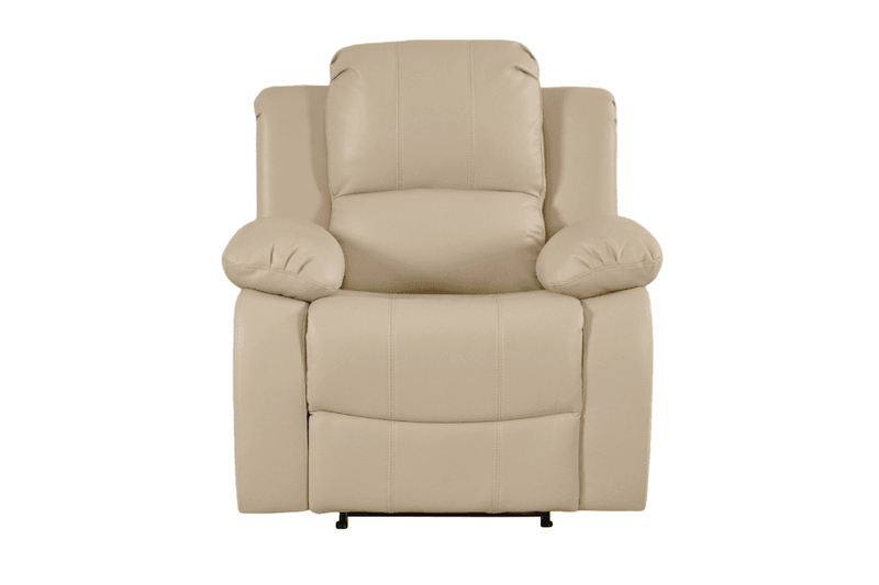 Cream leather manual recliner armchair – single seater cream leather recliner chair on white background, classic and comfortable recliner for home or office use