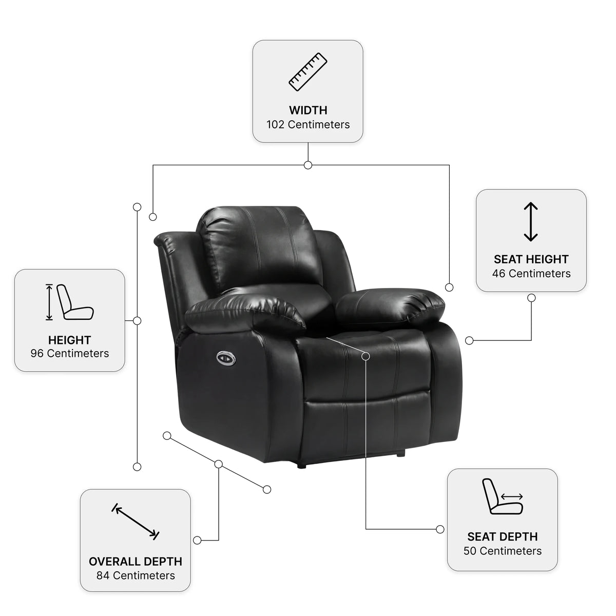 Valencia Black Leather Electric Recliner Chair — Dimension diagram