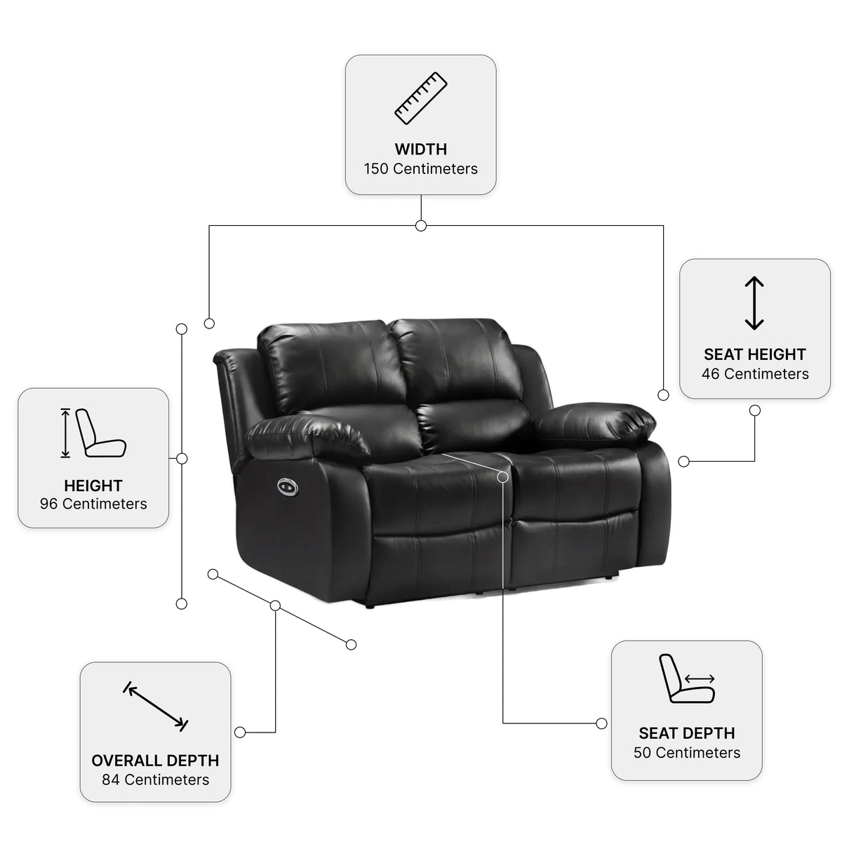 Valencia Black Leather Electric Recliner 2 Seater Sofa — Dimension diagram