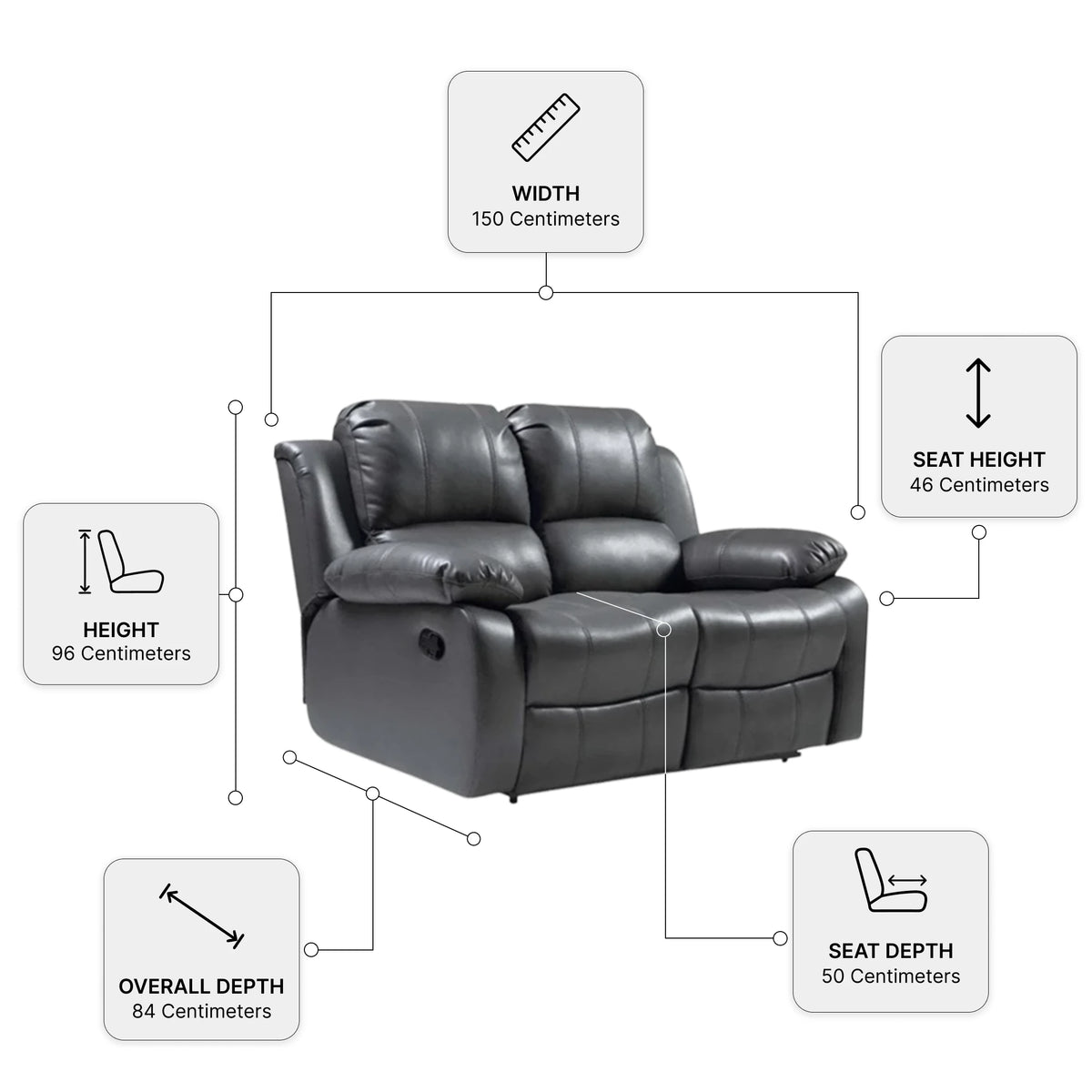 Valencia Grey Leather 2 Seater Manual Recliner Sofa — Dimension diagram