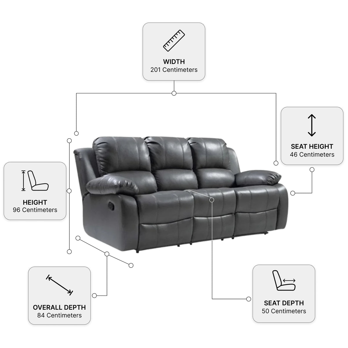 Valencia Grey Leather 3 Seater Manual Recliner Sofa — Dimension diagram