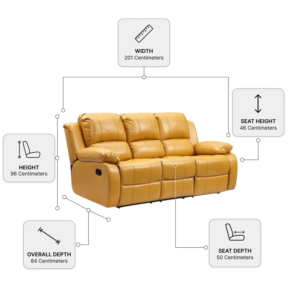 Valencia Mustard Leather Manual Recliner 3 Seater Recliner — Dimension diagram