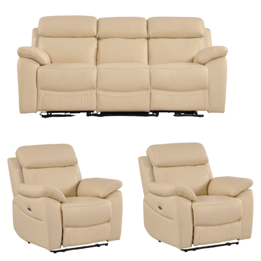 Beige recliner sofa set with two matching armchairs on a white background
