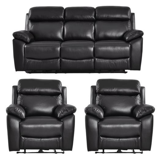 Black leather sofa and two recliner chairs on a white background
