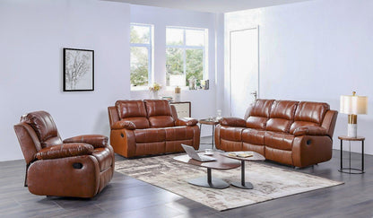 Brown leather sofa set in a living room with a coffee table and decor.