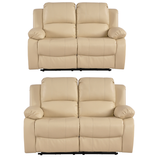 Two beige reclining sofas on a white background