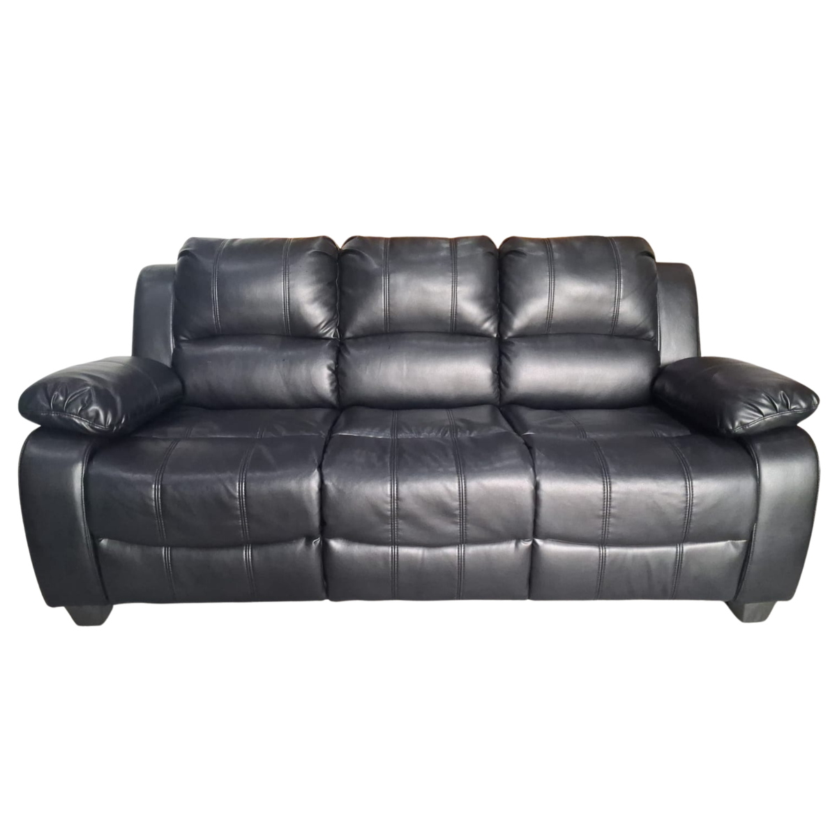 A black leather three-seater sofa with deep channel tufting and matching armrests, shown against a plain white background.