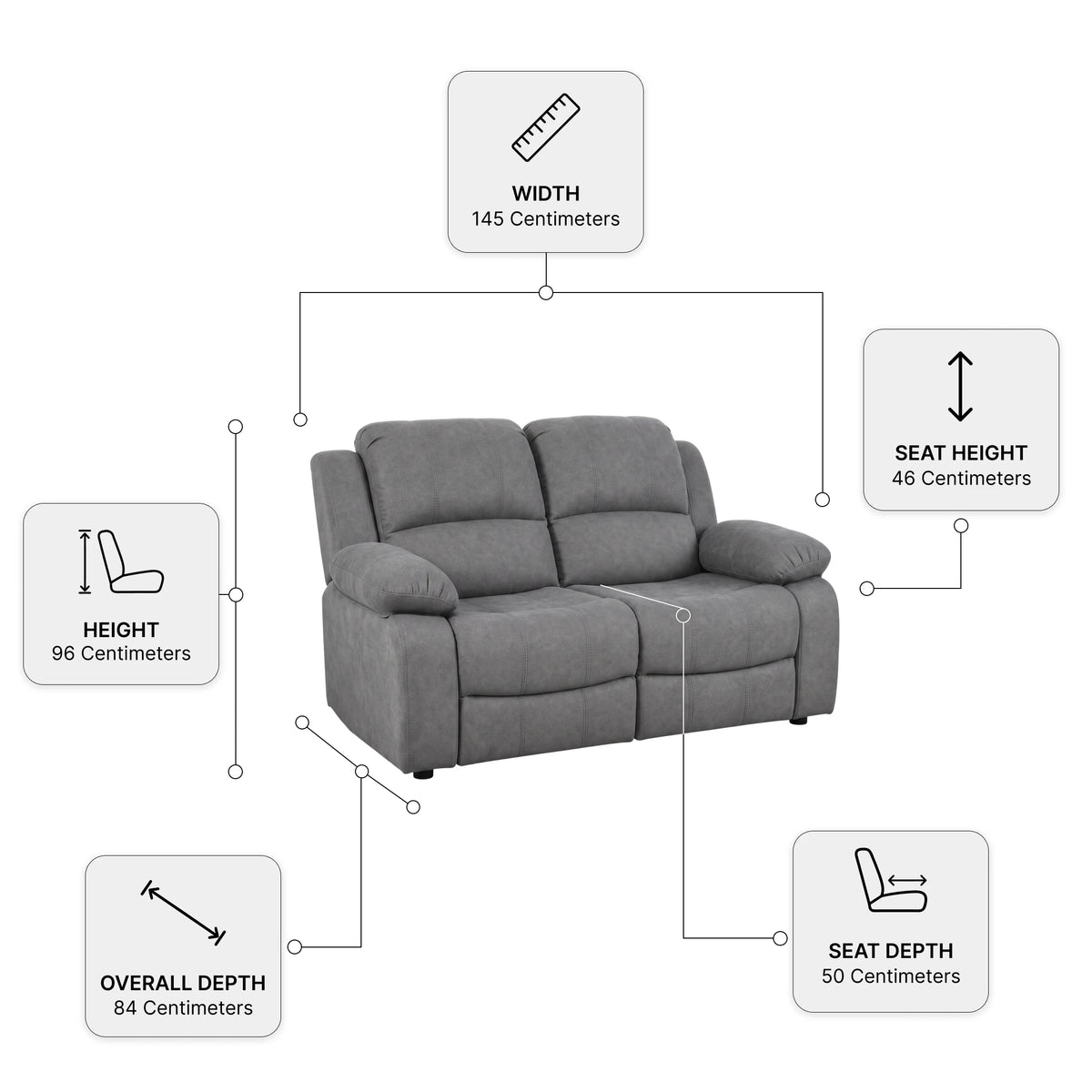 Valerie Grey Fabric 2 Seater Sofa — Dimension diagram