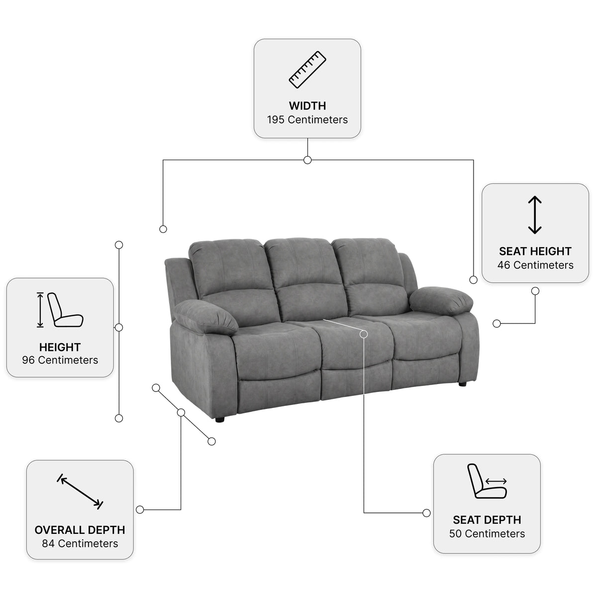 Valerie Grey Fabric 3 Seater Sofa — Dimension diagram