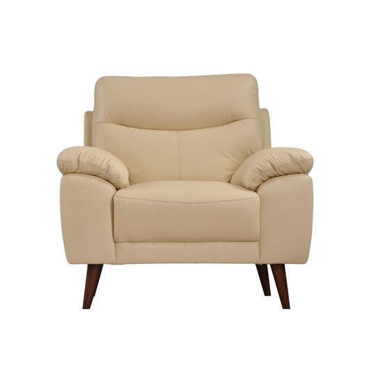 Front-facing view of the Vantage Cream Armchair showcasing soft cream upholstery and modern design on a white background