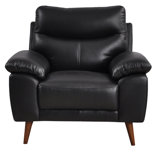 Front-facing view of the Vantage Black Armchair featuring sleek modern design and black upholstery on white background