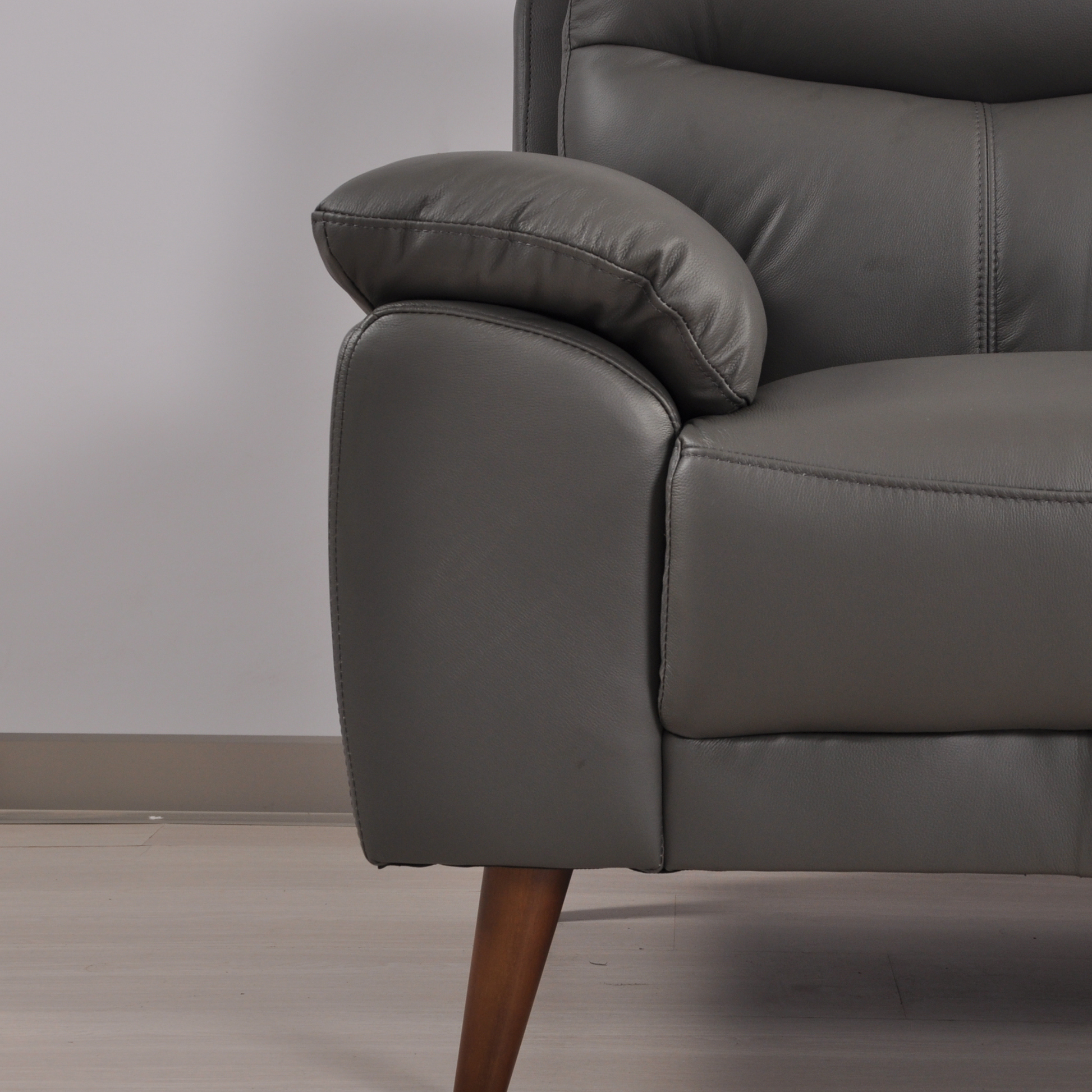 Vantage Grey 2-Seater Sofa, Closeup View in Roomset, Modern Minimal Design