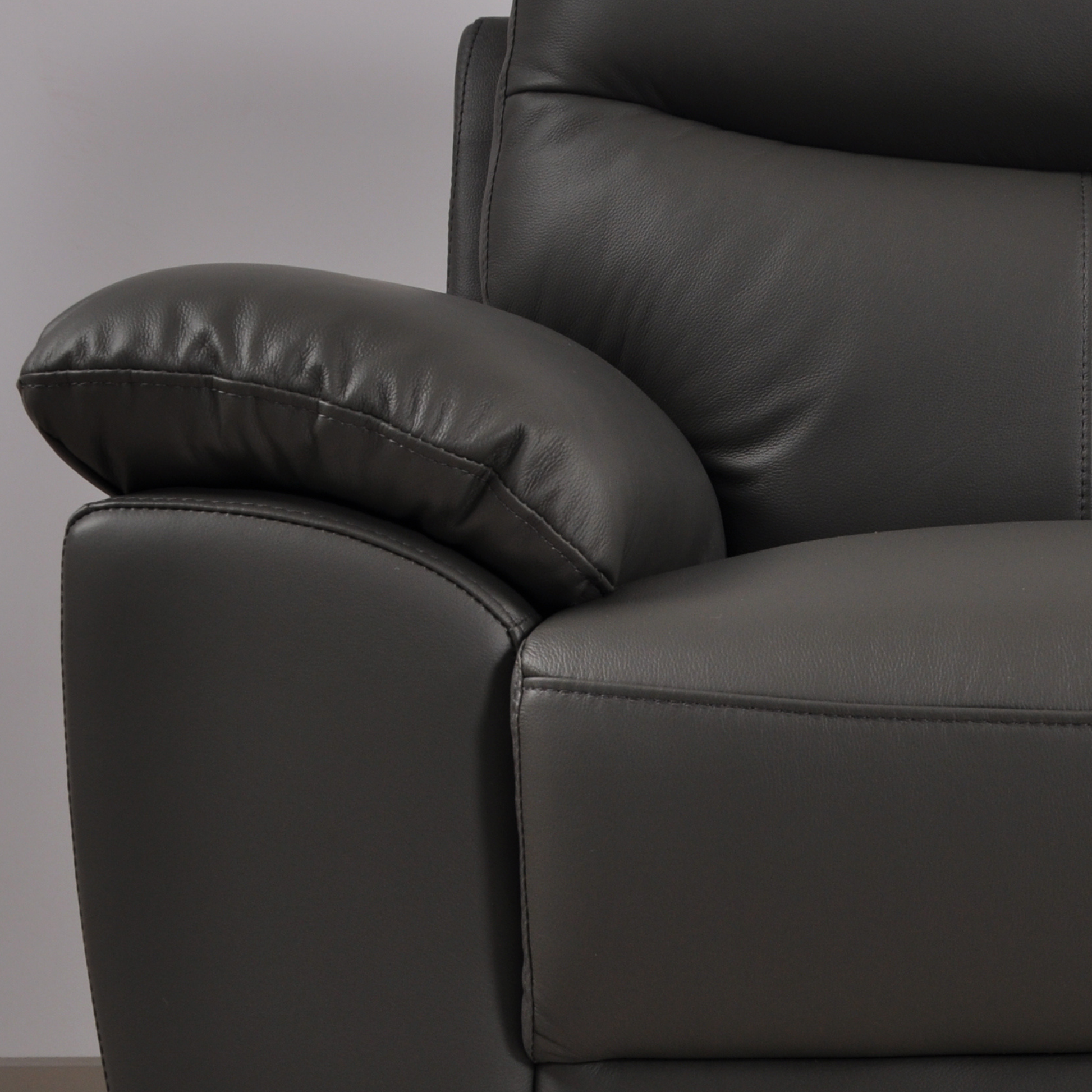 Vantage Grey 2-Seater Sofa closeup, angled view, showing fabric and cushion details, modern and comfortable seating