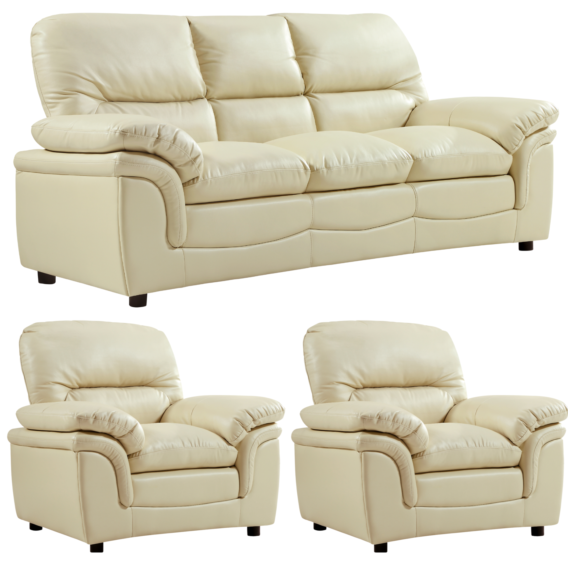 Beige leather sofa set with two recliner chairs on a white background