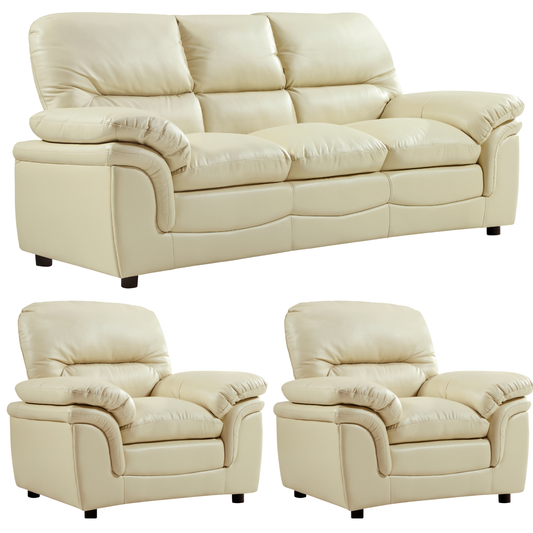 Beige leather sofa set with two recliner chairs on a white background