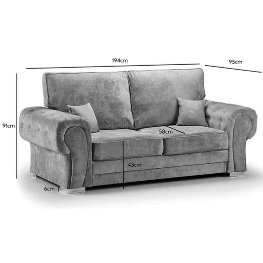 Gray sofa with dimensions marked on a white background