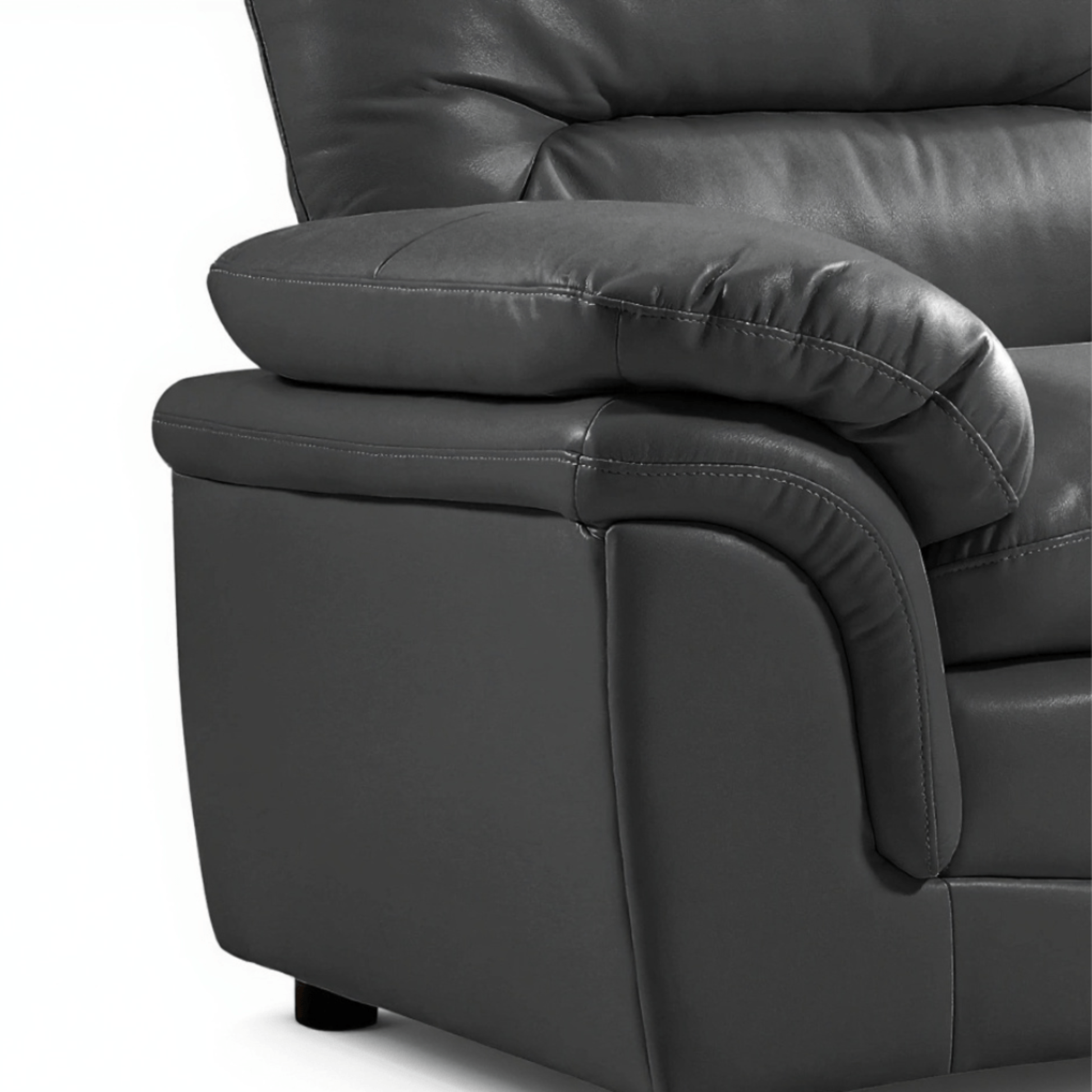 Close-up of a dark gray leather recliner chair on a white background
