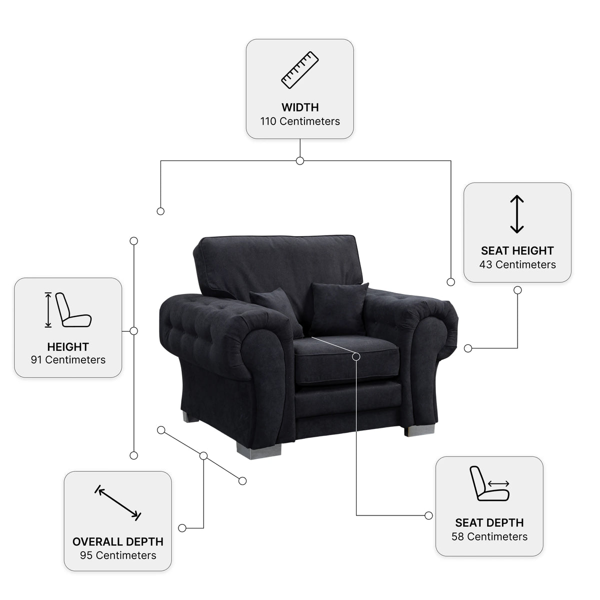 Verona High Back Black Fabric Armchair — Dimension diagram