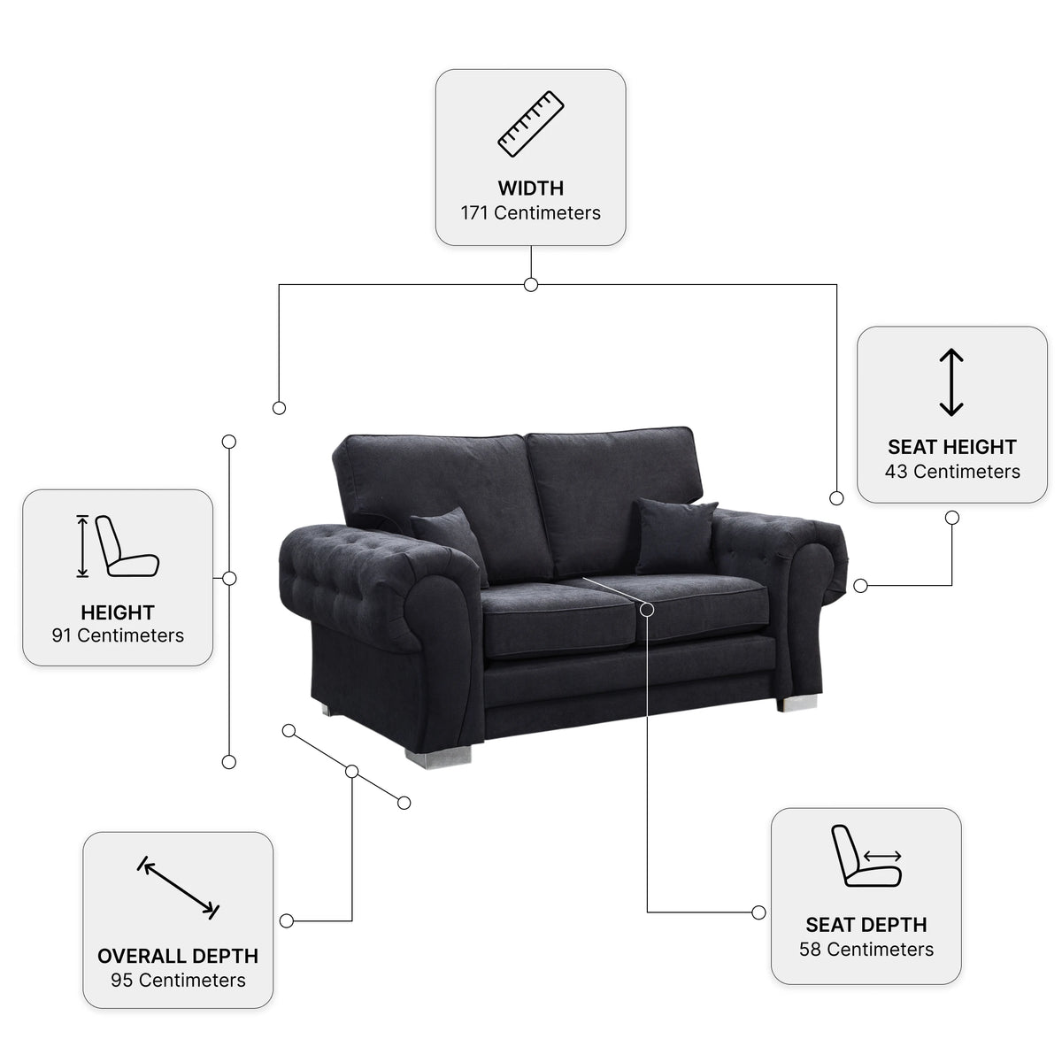 Verona High Back Black Fabric 2 Seater Sofa — Dimension diagram