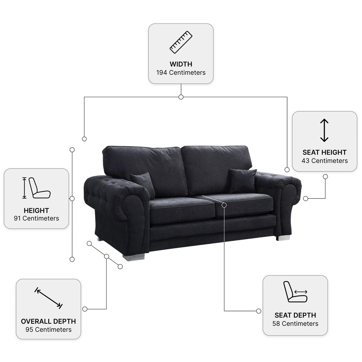 Verona High Back Black Fabric 3 Seater Sofa — Dimension diagram