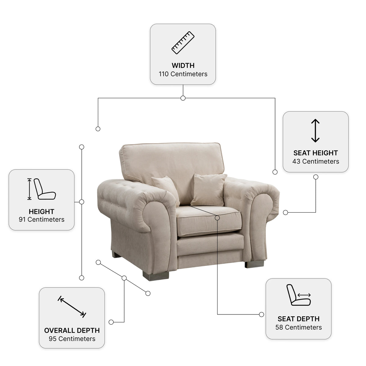 Verona High Back Cream Fabric Armchair — Dimension diagram