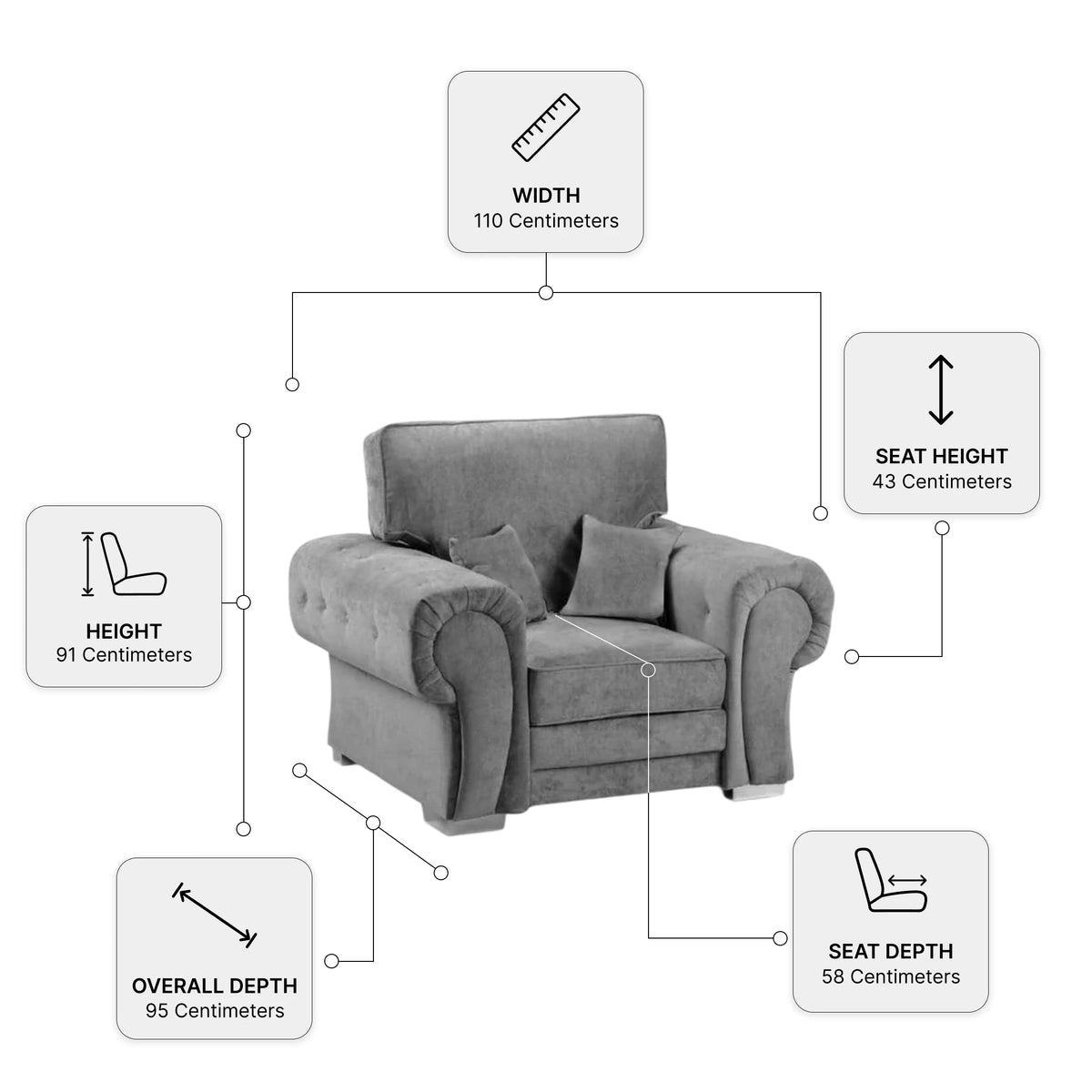 Verona High Back Grey Fabric Armchair — Dimension diagram
