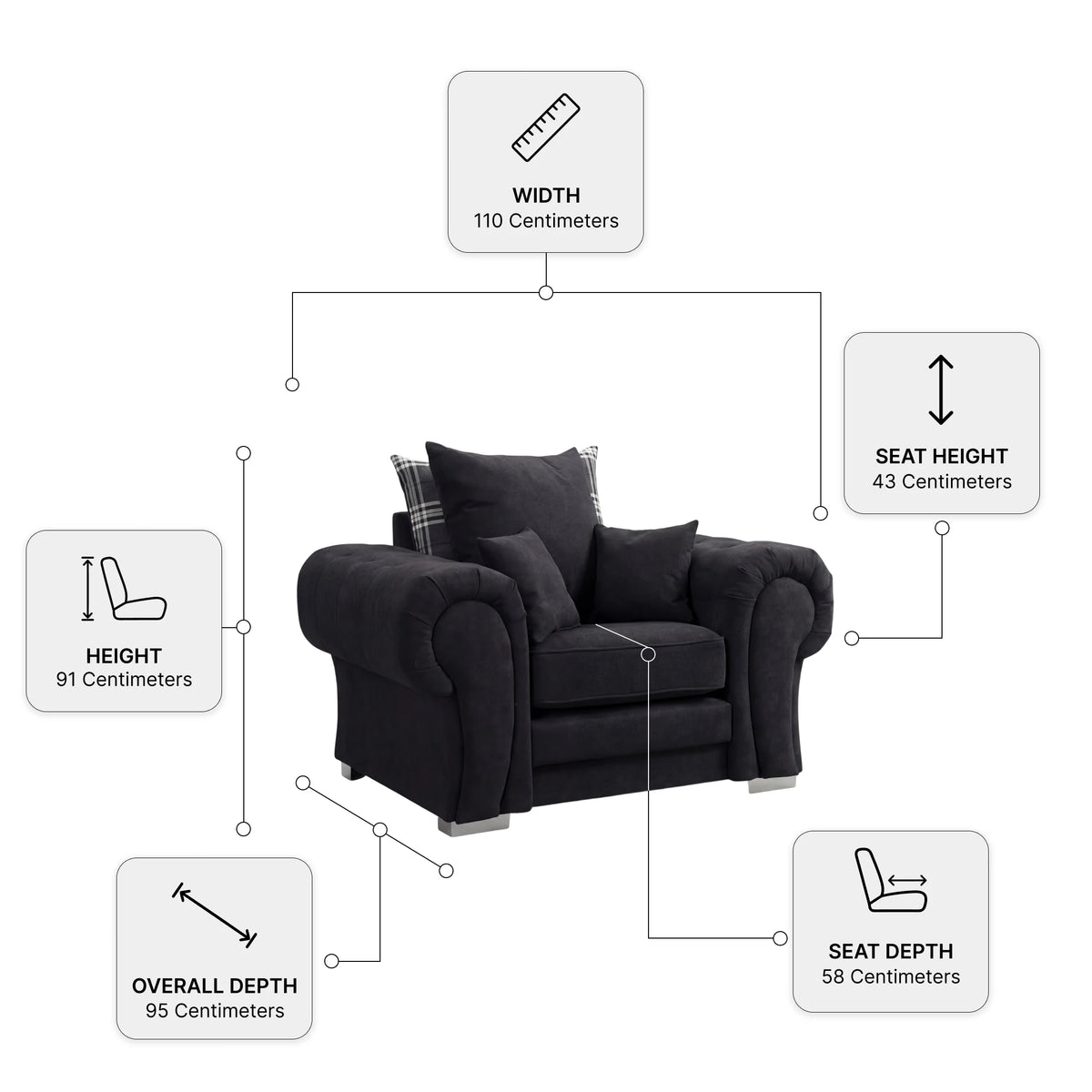 Verona Fabric Scatter Back Black Measurement