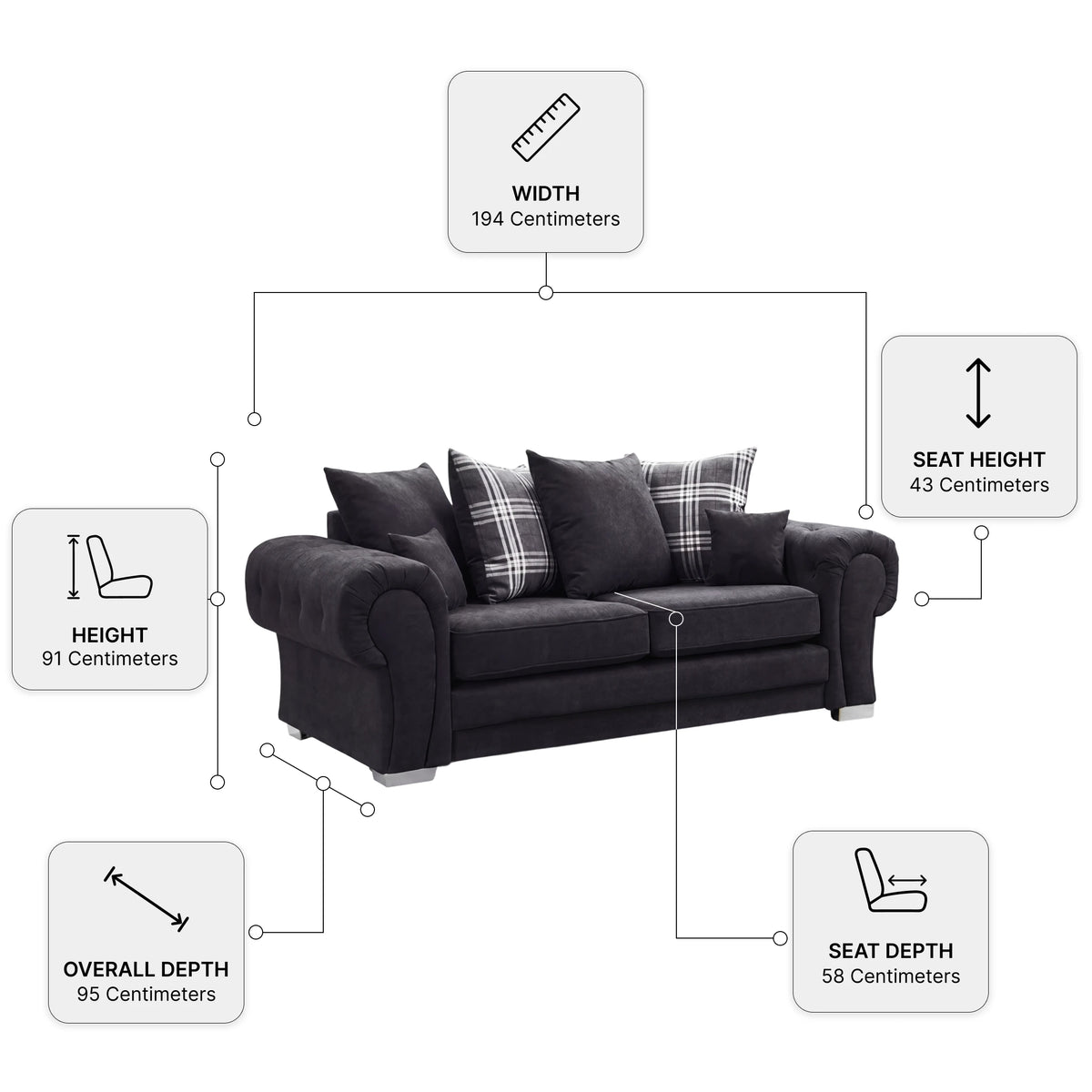 Verona Scatter Black Fabric 3 Seater Sofa — Dimension diagram
