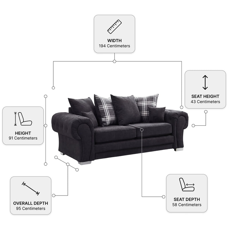 Verona Fabric Scatter Back Black Measurement