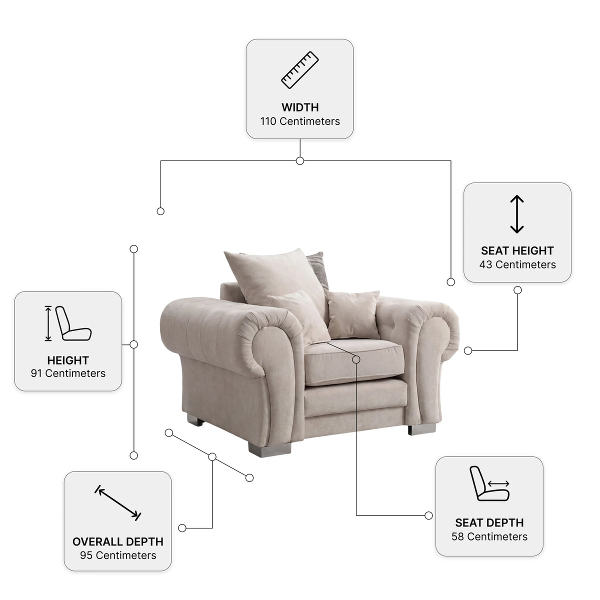 Verona Cream Scatter Back Fabric Armchair — Dimension diagram
