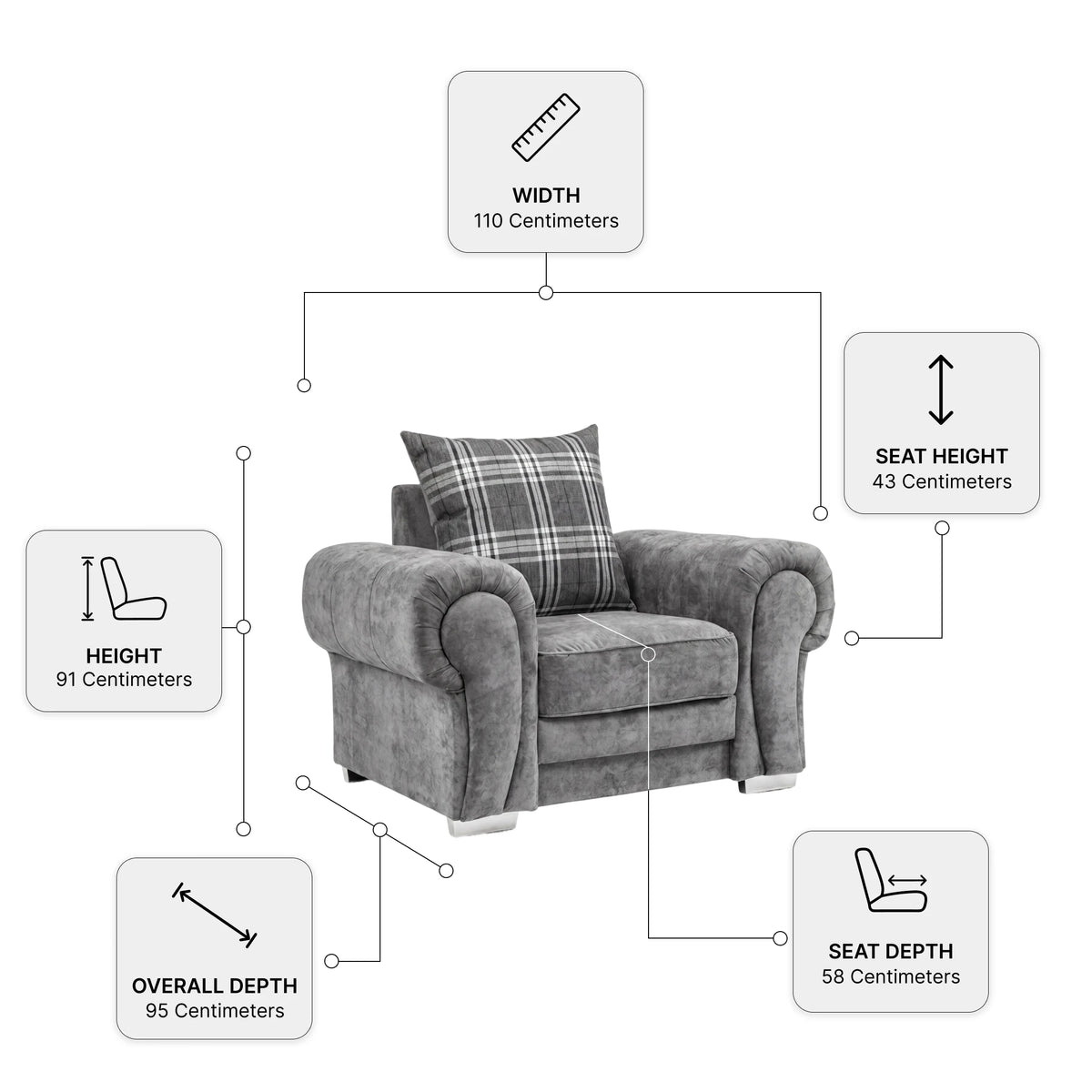 Verona Scatter Grey Fabric Armchair — Dimension diagram
