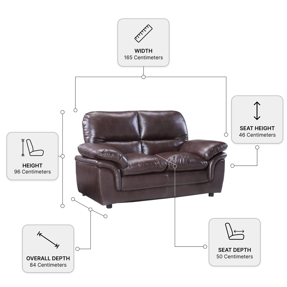 Verona Brown Leather 2 Seater Sofa — Dimension diagram