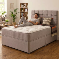 fabric bed in room setting
