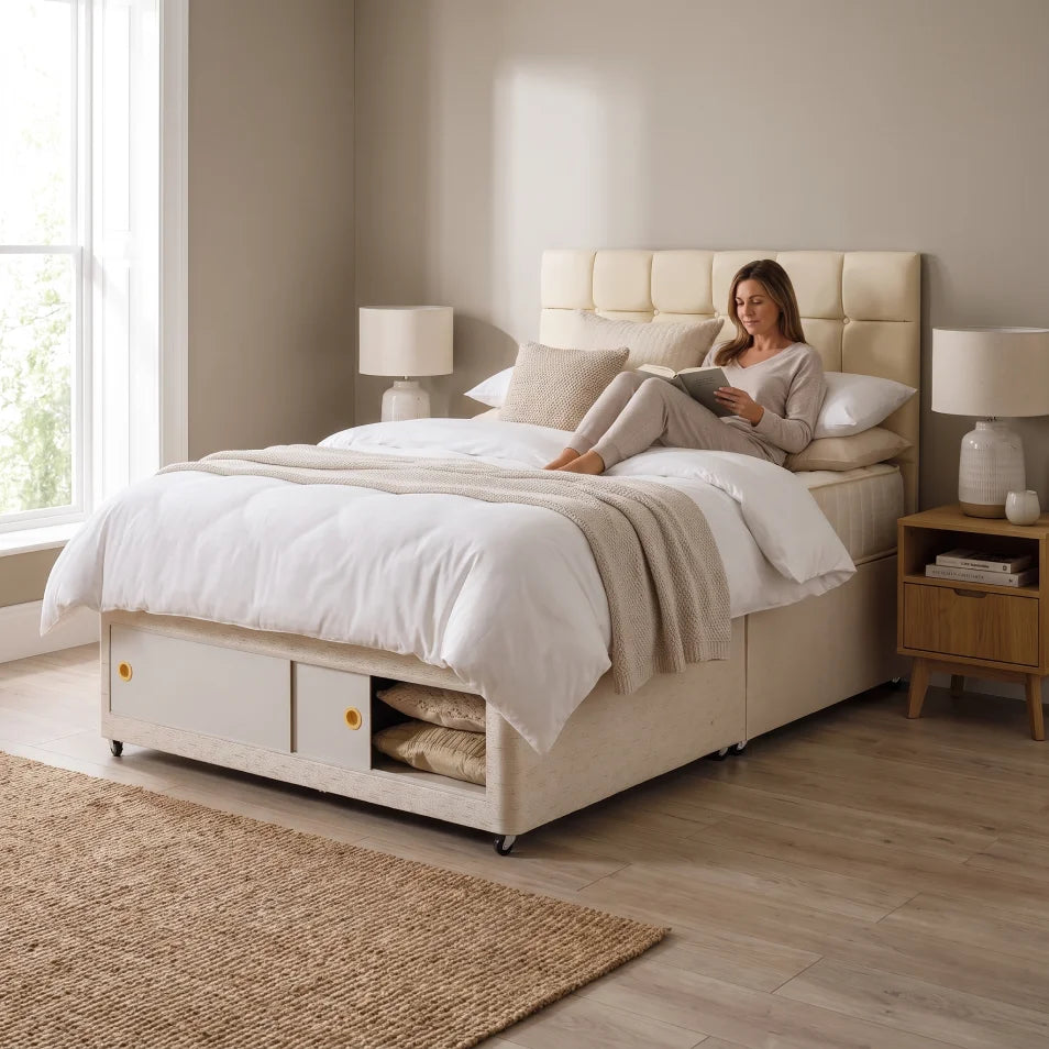 A woman sits on a cream upholstered bed with white bedding and a beige throw blanket in a bright bedroom. The bed frame has built-in storage drawers underneath, and the room includes a wooden nightstand, lamps, and a woven rug.